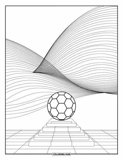 Coloriage de foot pour adultes : Un ballon de foot repose sur un piédestal pendant que des motifs élégants se déploient en symétrie apaisante