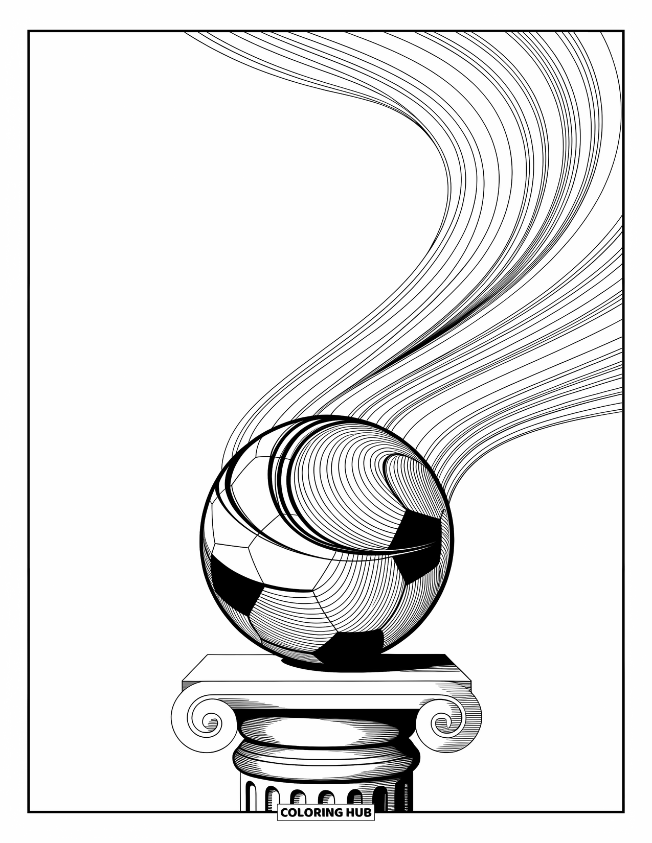 Desen de colorat cu fotbal pentru adulți: O minge de fotbal se sprijină pe un piedestal de piatră, înconjurată de modele spiralate și desene grațioase de valuri