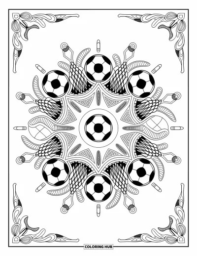 Coloriage de foot pour adultes : Un mandala de foot mêle crampons, sifflets et ballons dans une composition riche et symétrique