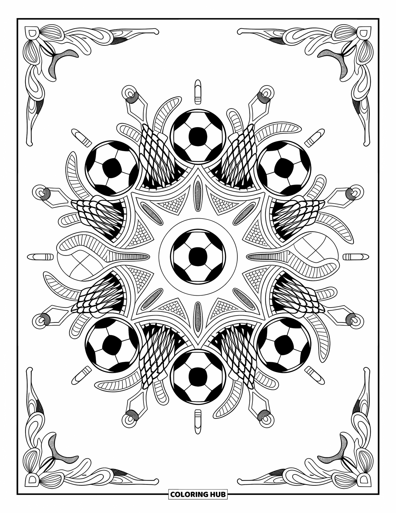Desen de colorat cu fotbal pentru adulți: O mandala de fotbal îmbină ghete, fluiere și mingi într-un aspect bogat, simetric