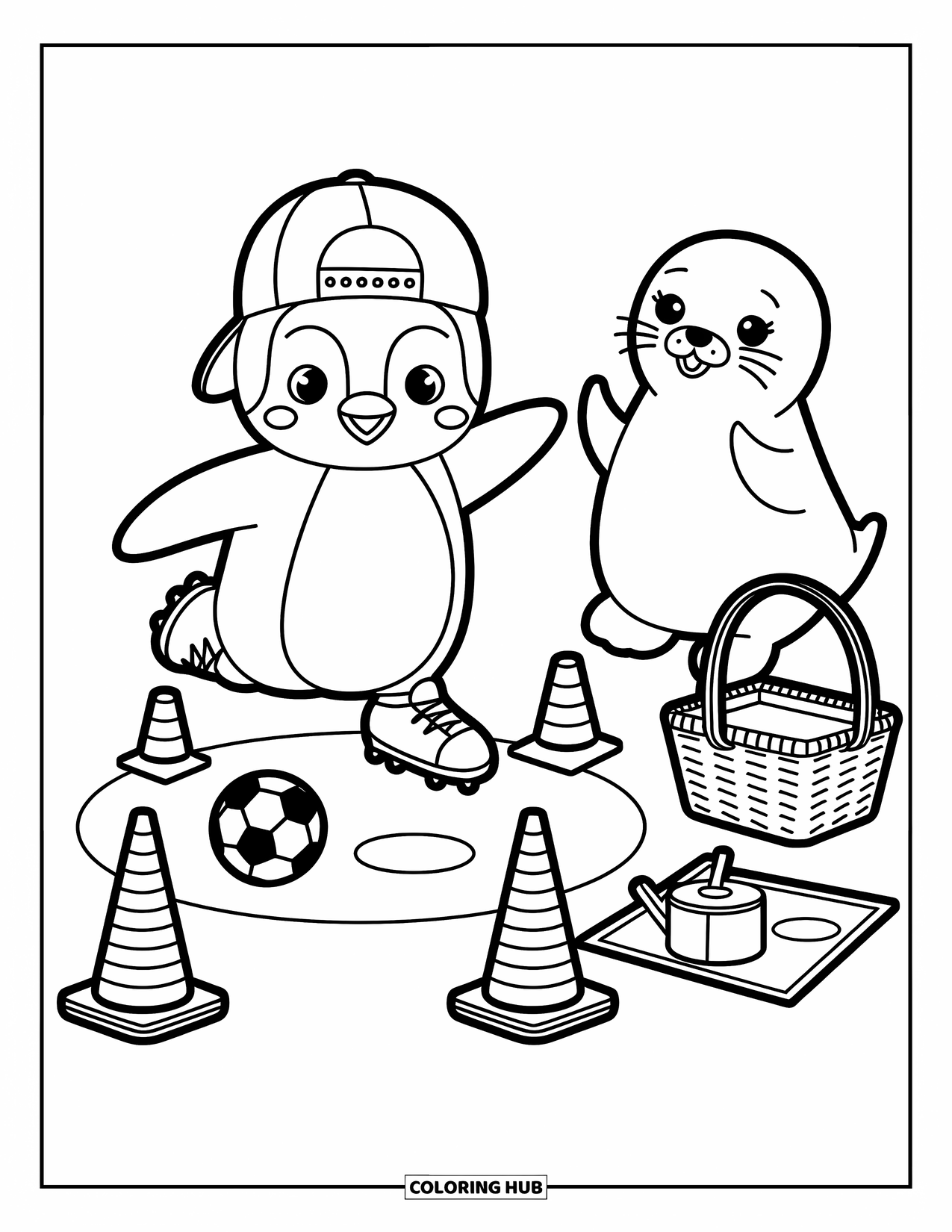 Desen de colorat cu fotbal pentru adulți: Un pinguin mic execută exerciții de fotbal în timp ce o focă aplaudă lângă un coș de picnic