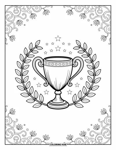 Coloriage de foot pour adultes : Un trophée avec volutes et feuilles de laurier brille parmi des étoiles et des motifs floraux en spirale