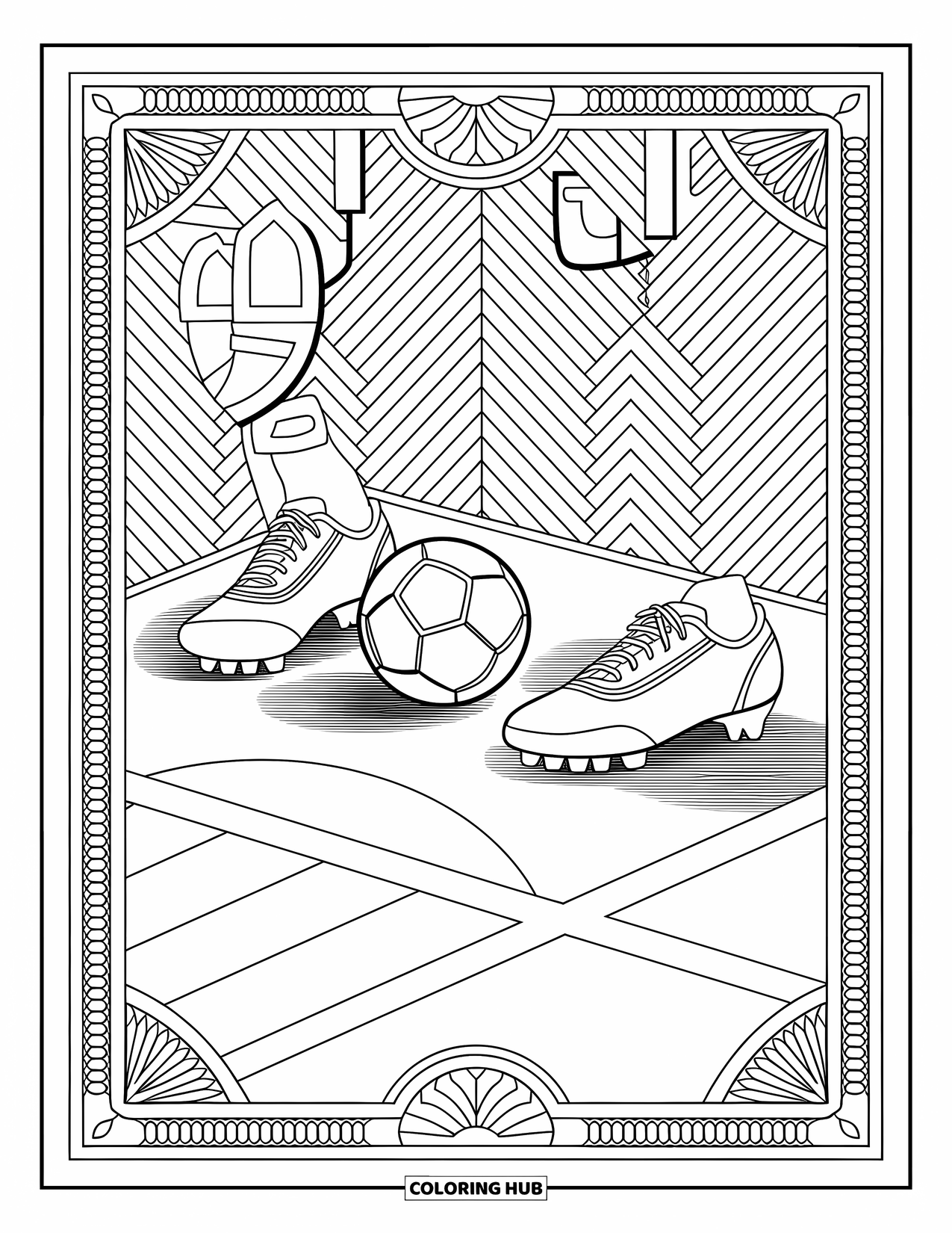 Desen de colorat cu fotbal pentru adulți: Un meci de fotbal vintage se desfășoară cu echipament retro, înconjurat de fundaluri complicate și borduri ornamentate