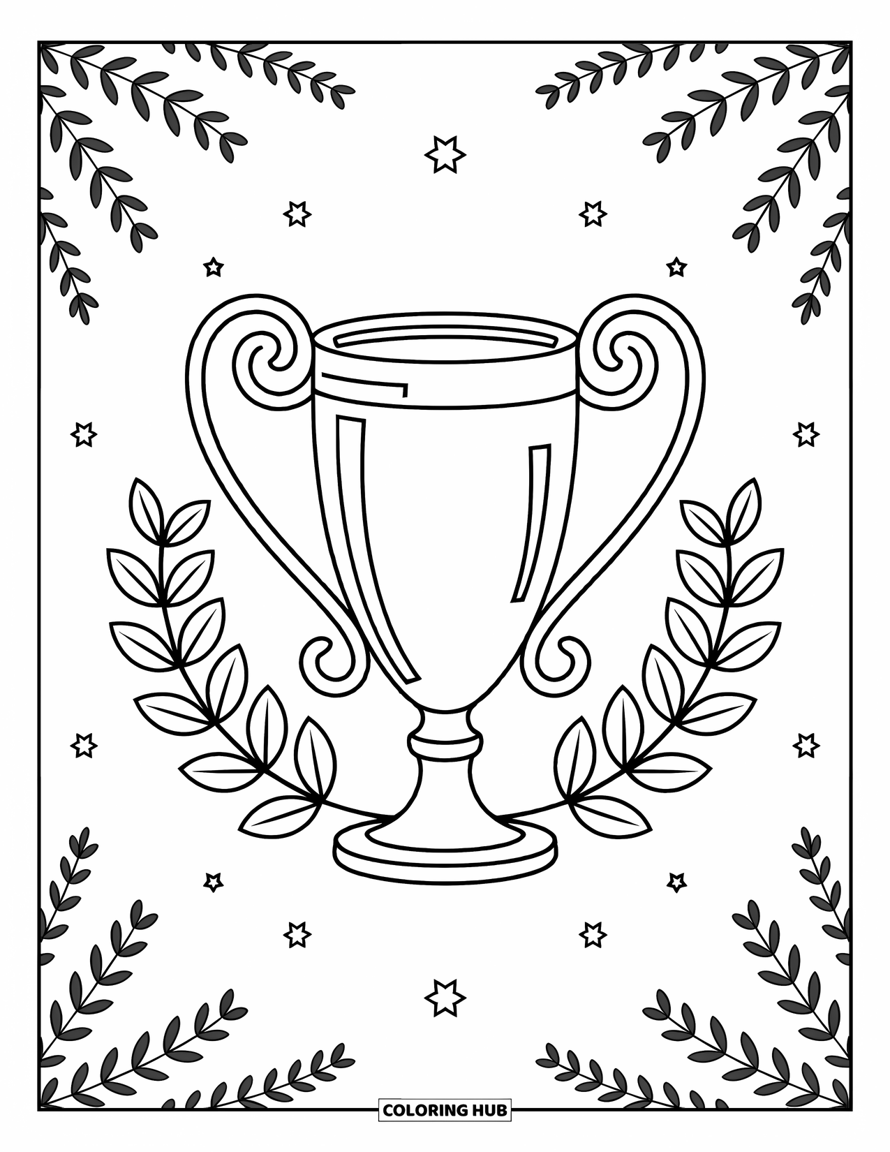 Desen de colorat cu fotbal pentru adulți: Un trofeu elegant este încadrat de frunze de laur, stele și detalii bogate, decorative