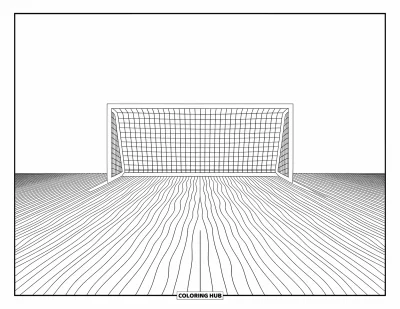 Coloriage de foot pour adultes : Un but vide repose calmement parmi de hautes herbes et des motifs répétés complexes dans toute la scène
