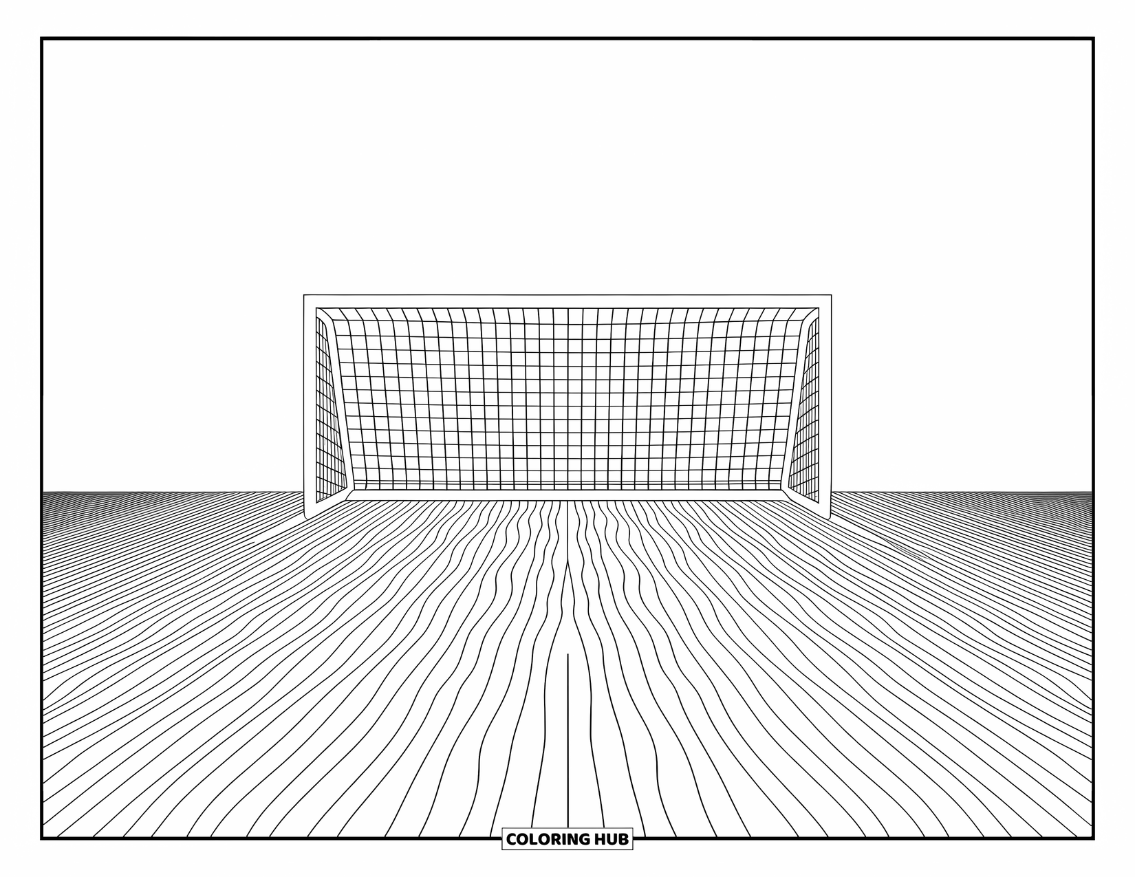 Desen de colorat cu fotbal pentru adulți: O poartă goală stă calmă printre iarba înaltă și modele repetitive complicate în întreaga scenă