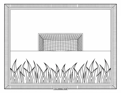 Coloriage de foot pour adultes : Un but de foot vide se dresse paisiblement dans de hautes herbes avec des motifs répétés complexes