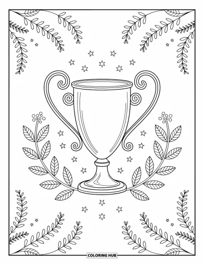 Coloriage de foot pour adultes : Un trophée ornementé se dresse fièrement, entouré de feuilles de laurier, d’étoiles et de motifs artistiques en spirale