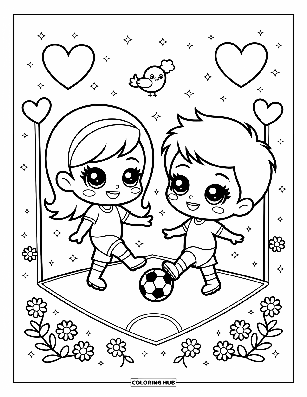 Desen de colorat cu fotbal pentru adulți: Copii chibi dau cu piciorul într-o minge pe un teren cu steaguri în formă de inimă, sclipici și o pasăre care încurajează