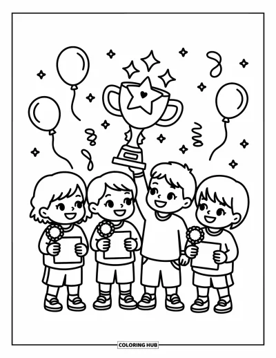Coloriage de foot pour adultes : Des enfants chibi enthousiastes célèbrent avec des médailles et un trophée scintillant entouré de décorations flottantes