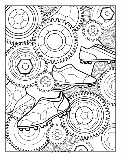 Coloriage de foot pour adultes : Engrenages et formes de foot fusionnent tandis que crampons, ballons et maillots créent un design d’inspiration mécanique