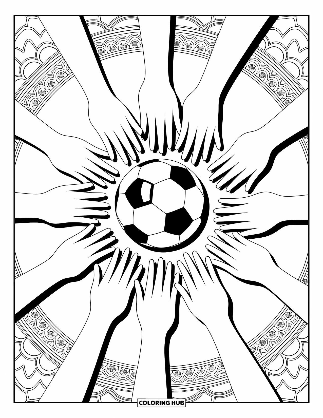 Desen de colorat cu fotbal pentru adulți: Mâini împletite și o minge de fotbal se află într-un design bogat în modele și calmant