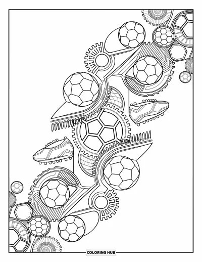 Coloriage de foot pour adultes : Des engrenages mécaniques forment crampons, buts et ballons dans une illustration audacieuse mêlant foot et ingénierie