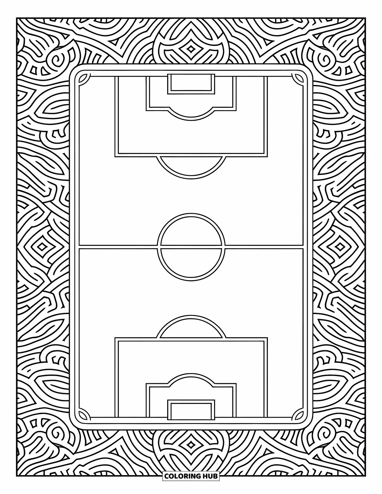 Desen de colorat cu fotbal pentru adulți: Zonele și marcajele jucătorilor umplu un teren de fotbal cu modele, cu borduri decorative spiralate