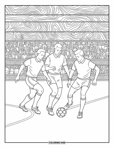 Coloriage de foot pour adultes : Des joueurs en maillots rétro et crampons poursuivent un ballon en cuir dans une scène nostalgique