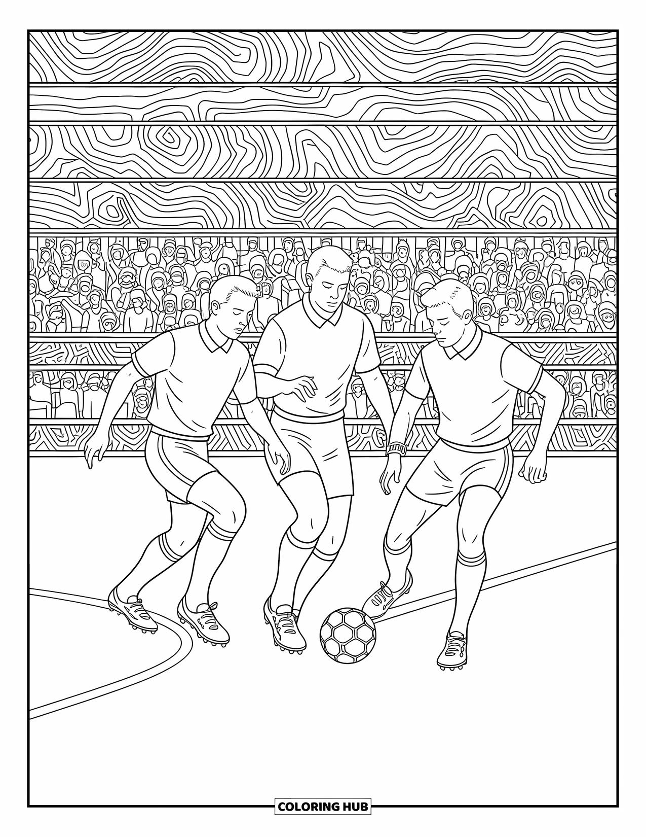 Desen de colorat cu fotbal pentru adulți: Jucători în tricouri și ghete retro urmăresc o minge de piele într-o scenă de fotbal nostalgică