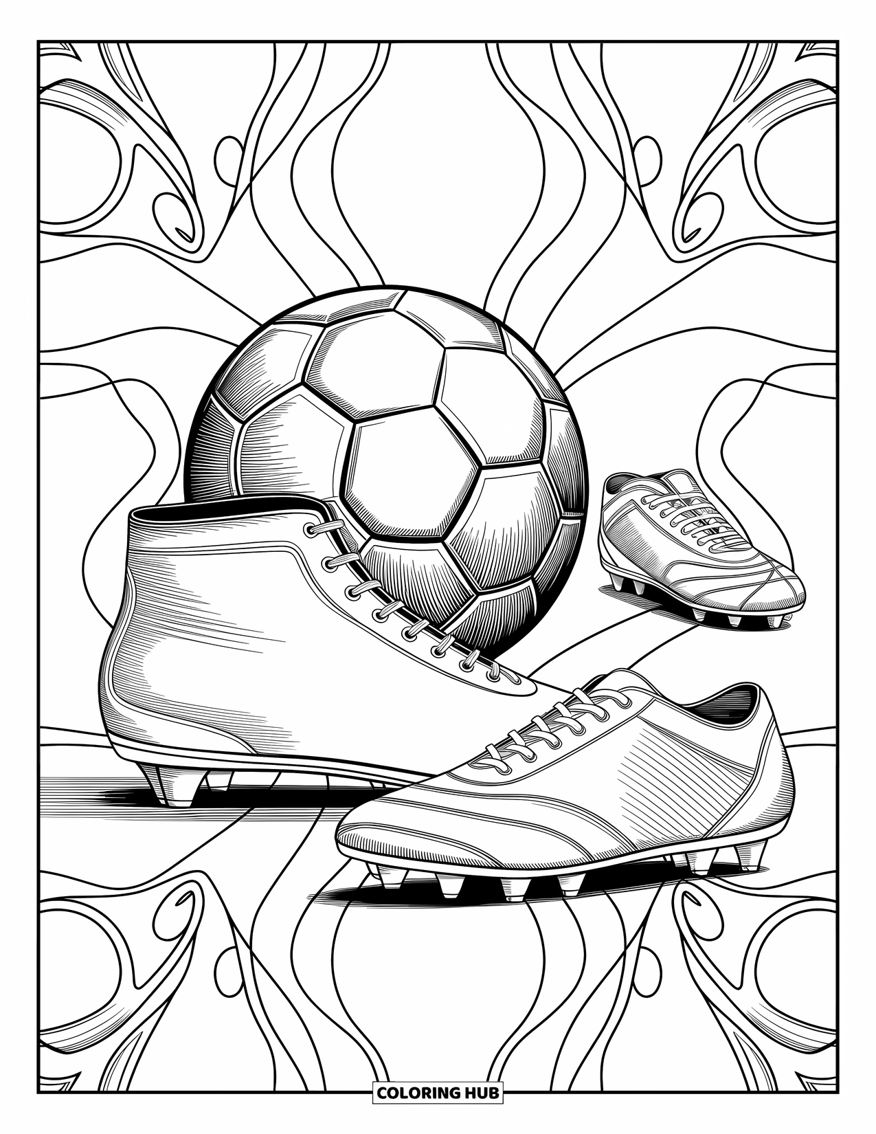 Desen de colorat cu fotbal pentru adulți: Jucători îmbrăcați în stil retro dau cu piciorul într-o minge de piele pe un teren cu modele, cu un fundal de stadion de modă veche