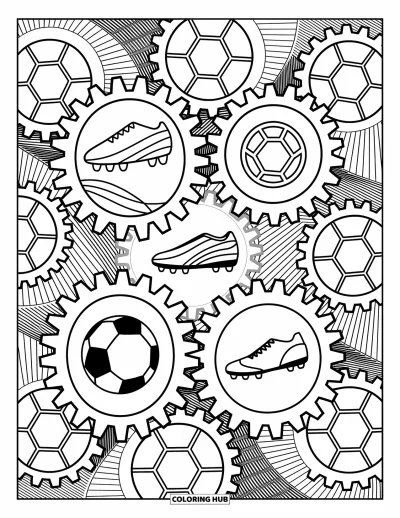Coloriage de foot pour adultes : L’équipement de foot se mêle à des engrenages dans un motif complexe de lignes nettes et de formes mécaniques