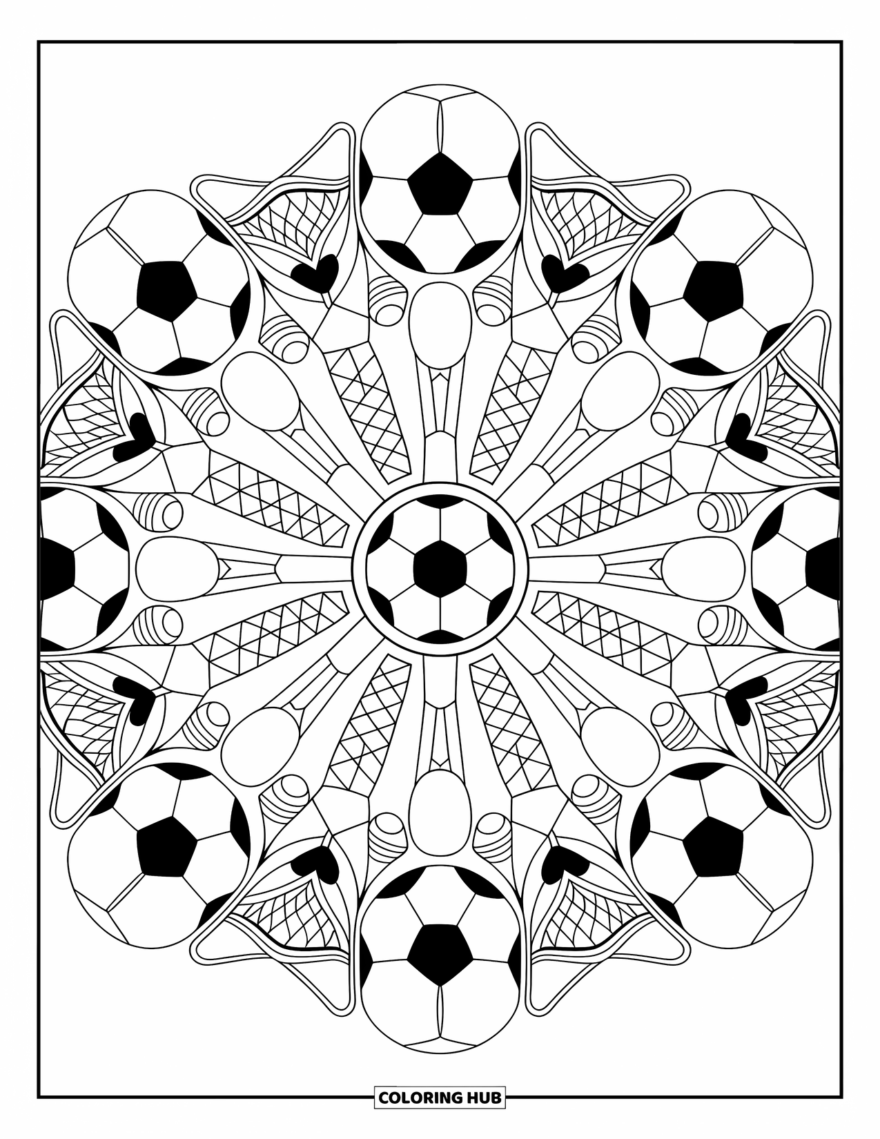 Desen de colorat cu fotbal pentru adulți: Echipamentul de fotbal formează o mandala echilibrată, plină de modele și detalii decorative de fundal