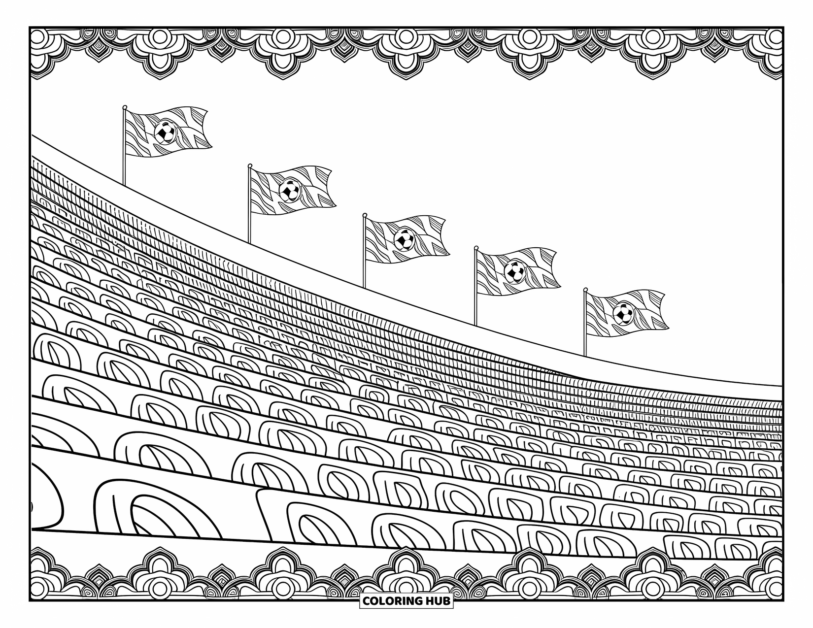 Desen de colorat cu fotbal pentru adulți: Tribunele stadionului pline de modele și steaguri fluturând creează o scenă de fotbal îndrăzneață, arhitecturală