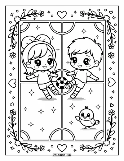 Coloriage de foot pour adultes : Deux enfants chibi jouent au foot pendant qu’un petit oiseau encourage près d’étincelles et de fleurs