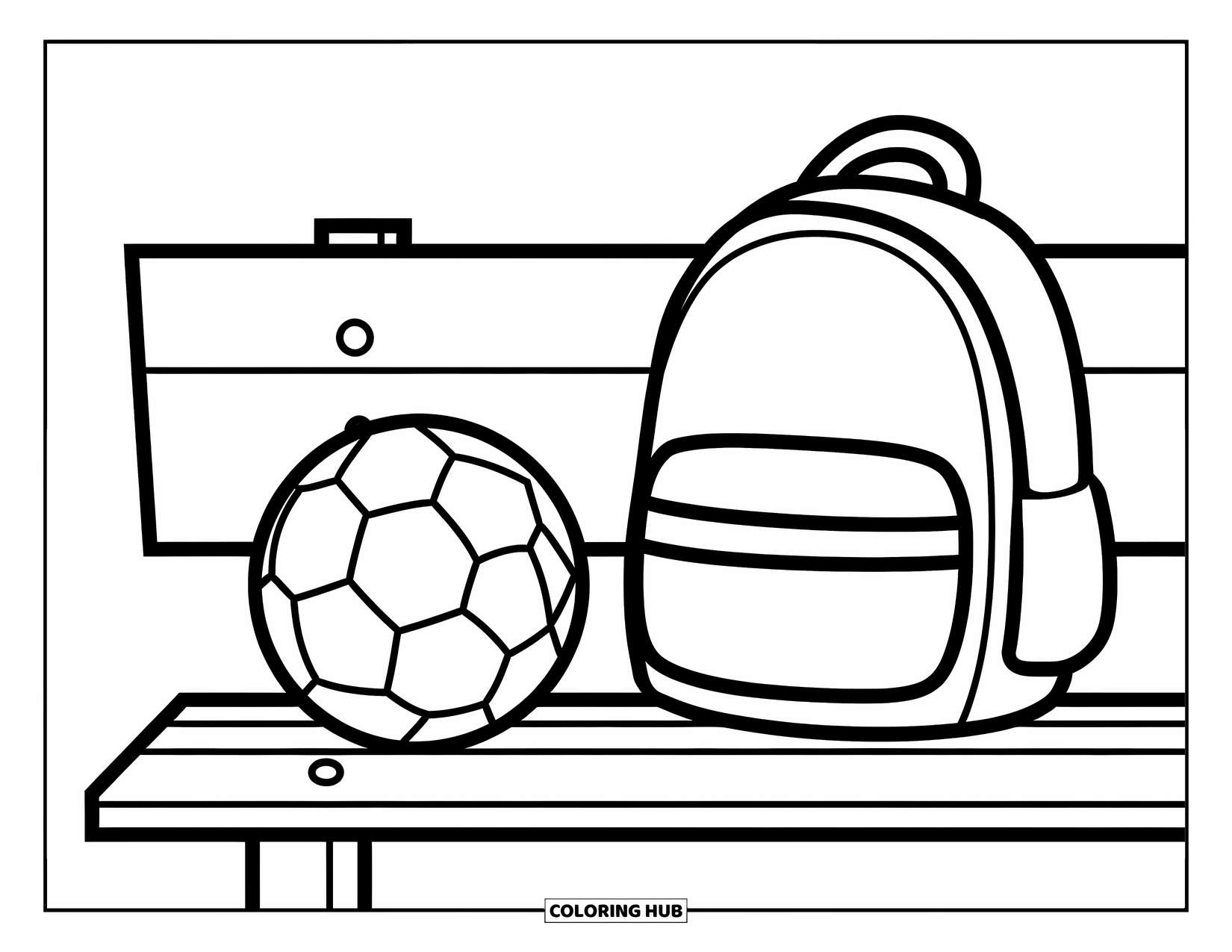 Desen de colorat cu fotbal pentru copii: Un rucsac stă lângă o minge de fotbal pe o bancă