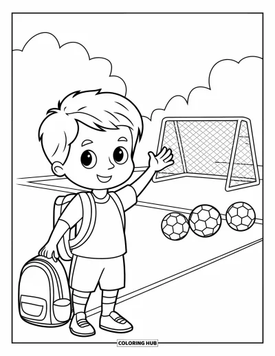 Coloriage de foot pour enfants : Un enfant avec un sac à dos fait signe sur un terrain avec des ballons et un but au loin