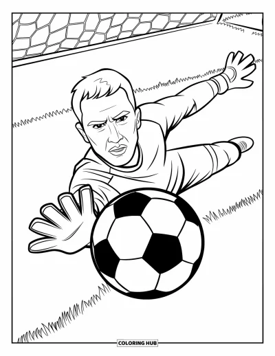 Coloriage de foot pour enfants : Un ballon s’élève au-dessus de la main d’un gardien en plongeon sur un terrain herbeux tracé