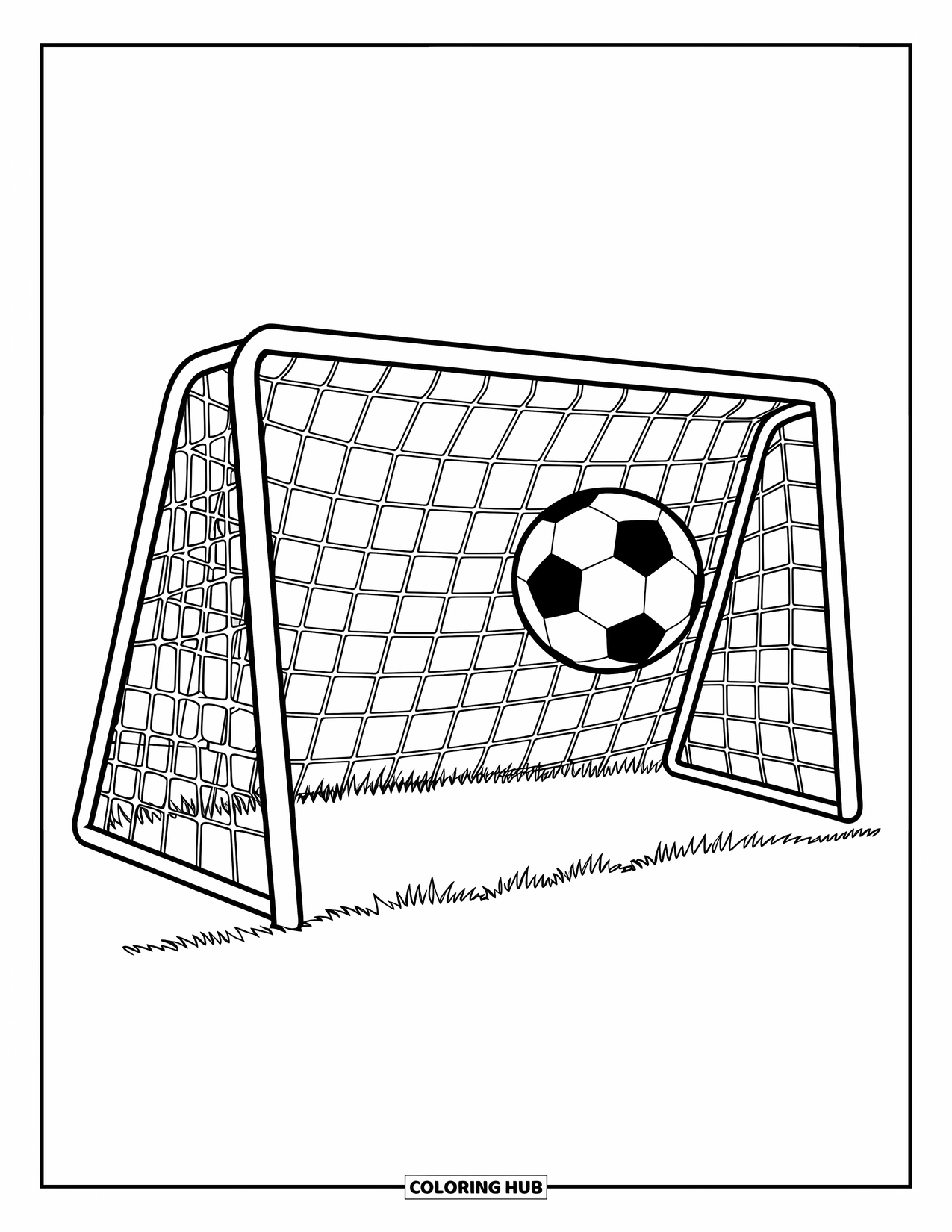Desen de colorat cu fotbal pentru copii: O minge zboară spre plasă, gata să marcheze