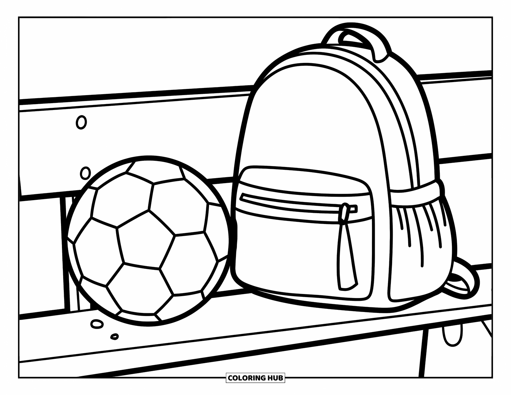 Desen de colorat cu fotbal pentru copii: O bancă ține o minge de fotbal și un rucsac cu fermoar