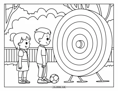 Coloriage de foot pour enfants : Un garçon et une fille font la file pour tirer un ballon vers une grande cible