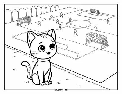 Coloriage de foot pour enfants : Un chat avec un collier regarde un match depuis une colline herbeuse