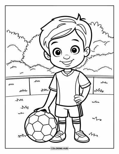 Coloriage de foot pour enfants : Un enfant joyeux se tient à côté d’un ballon de foot sur le terrain
