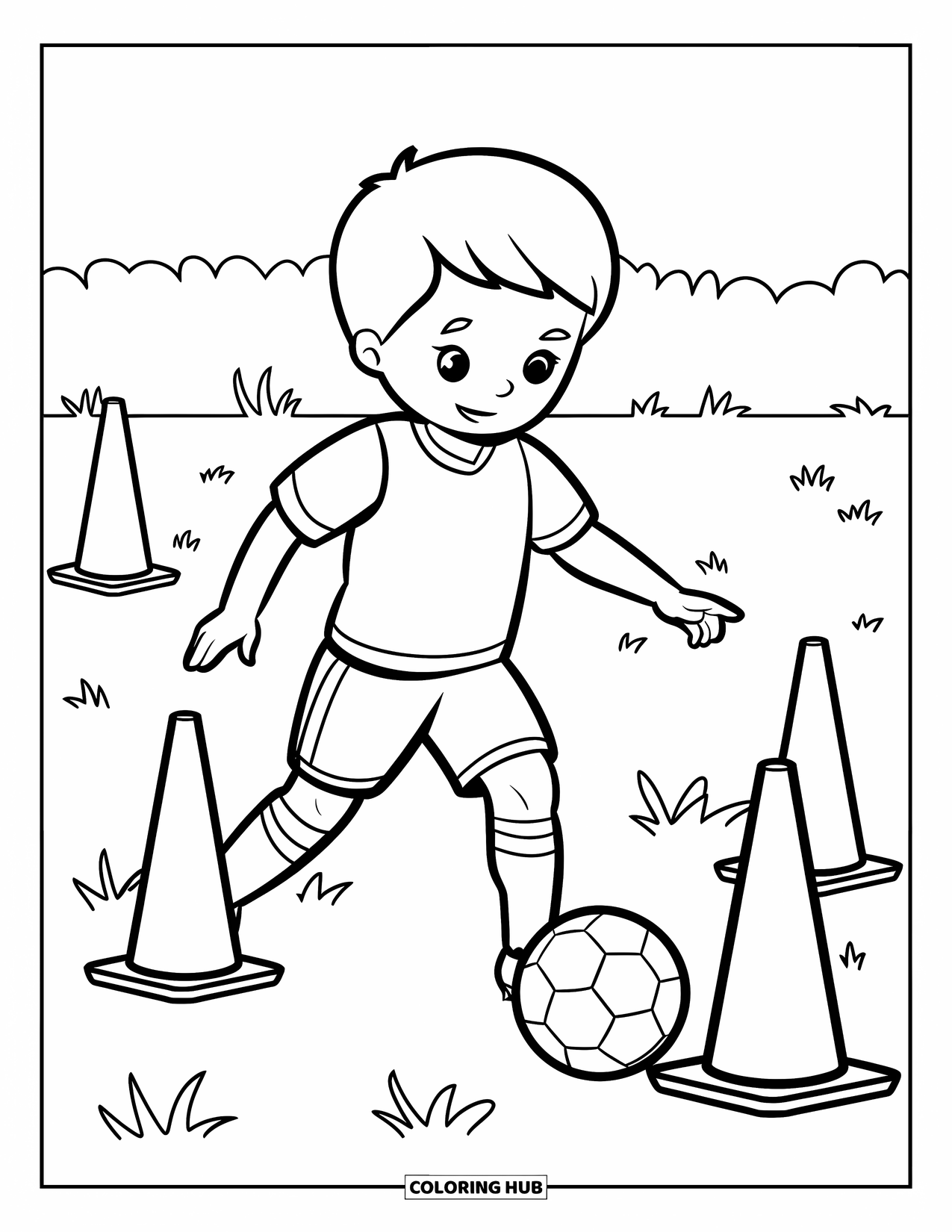 Desen de colorat cu fotbal pentru copii: Un copil driblează o minge printre conuri în timp ce stă pe un teren simplu, cu iarbă