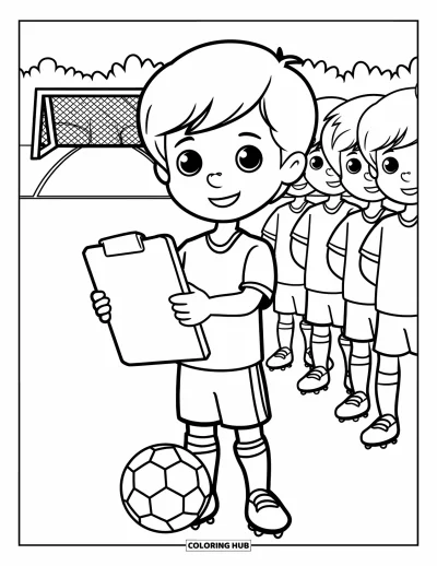 Coloriage de foot pour enfants : Un enfant tient une planchette et prend la pose en capitaine, avec des joueurs alignés derrière