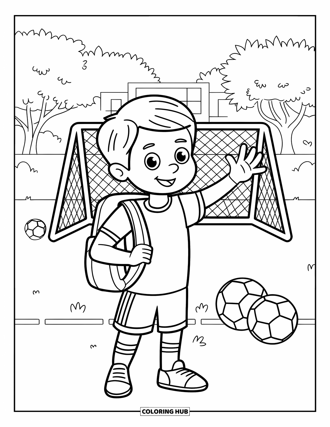 Desen de colorat cu fotbal pentru copii: Un copil cu un rucsac își ia rămas bun după antrenament pe un teren cu porți și copaci