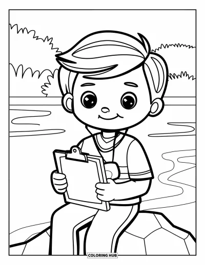 Coloriage de foot pour enfants : Un enfant avec un sifflet fait semblant d’être capitaine en étant assis près de l’eau et des arbres