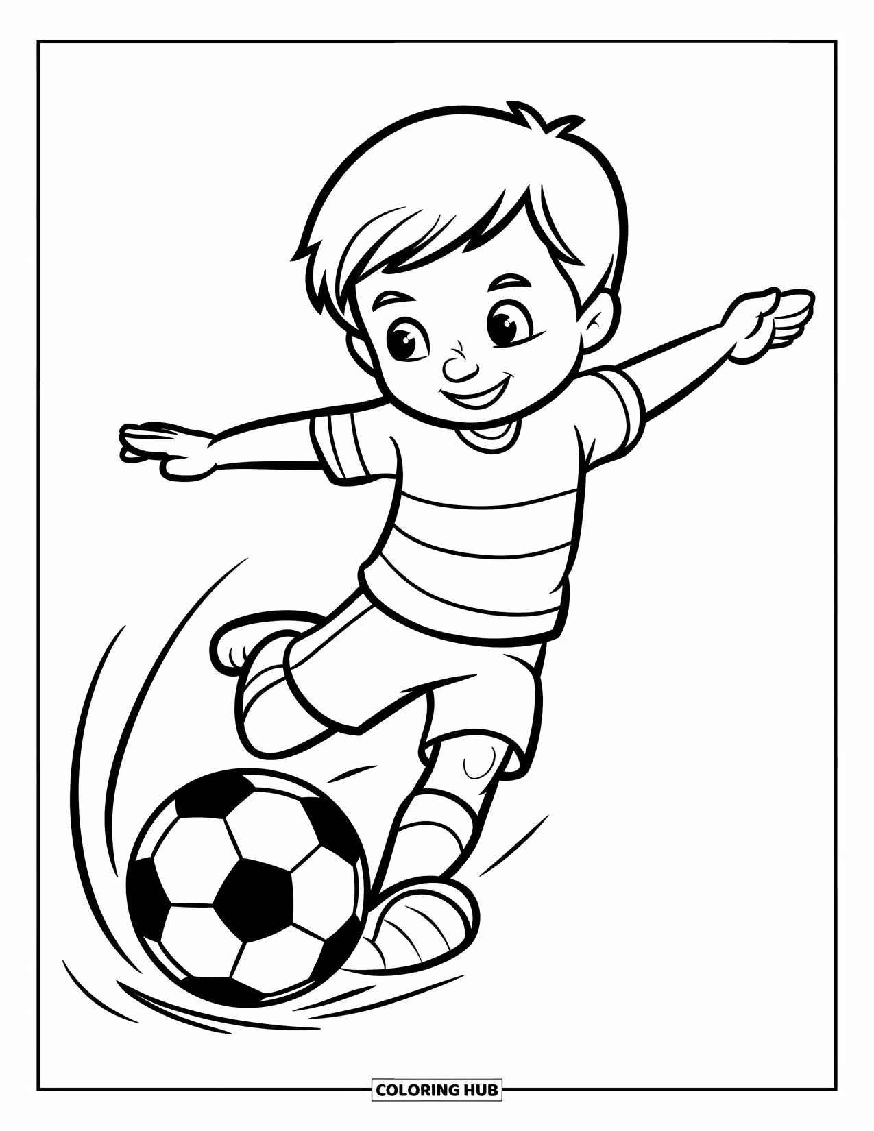 Desen de colorat cu fotbal pentru copii: Un copil cu brațele întinse lovește o minge care ricoșează