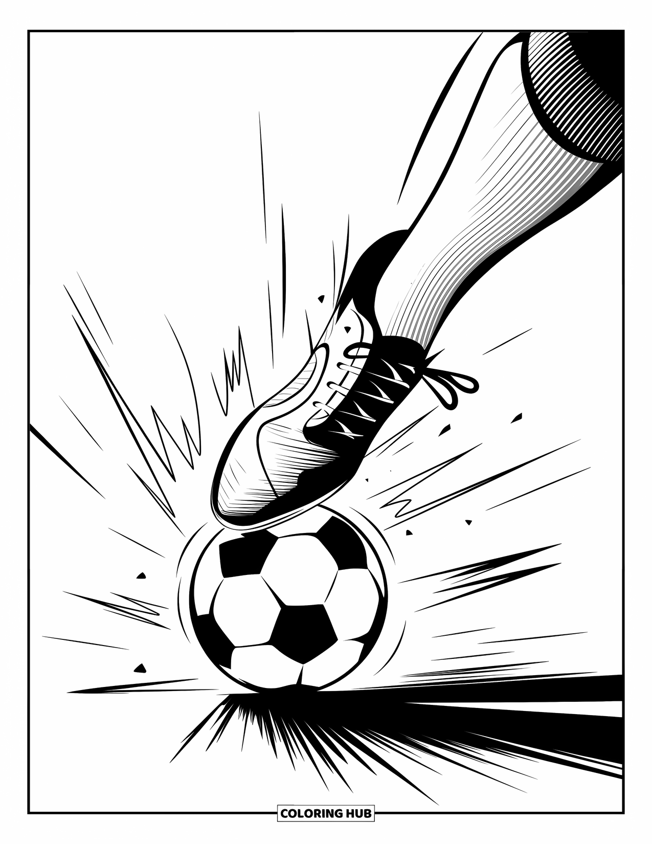 Desen de colorat cu fotbal pentru copii: Un pantof în prim-plan lovește mingea cu linii de energie izbucnind din momentul impactului