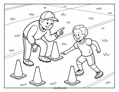 Coloriage de foot pour enfants : Un entraîneur avec une casquette dirige des exercices de cônes pendant qu’un joueur court sur l’herbe