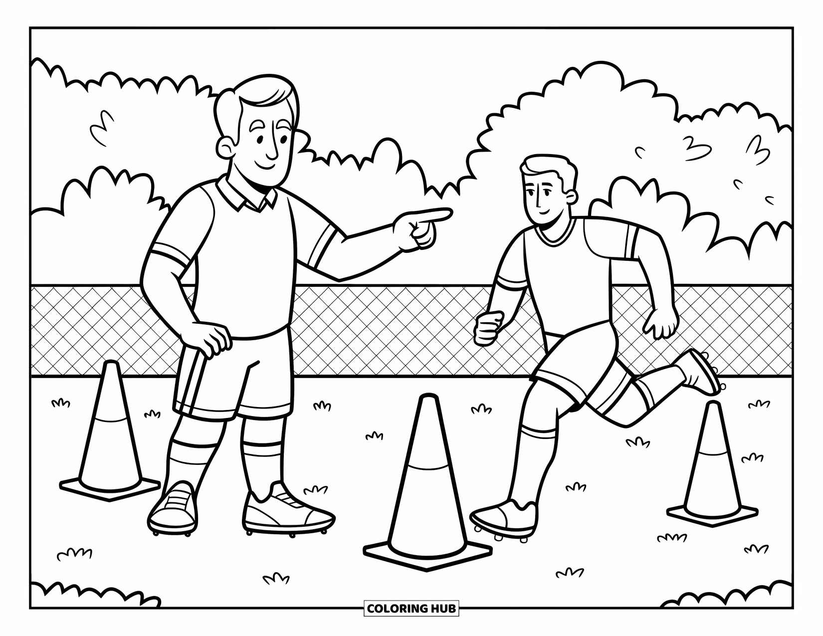 Desen de colorat cu fotbal pentru copii: Un antrenor arată spre exercițiile cu conuri în timp ce un jucător aleargă pe un teren cu iarbă
