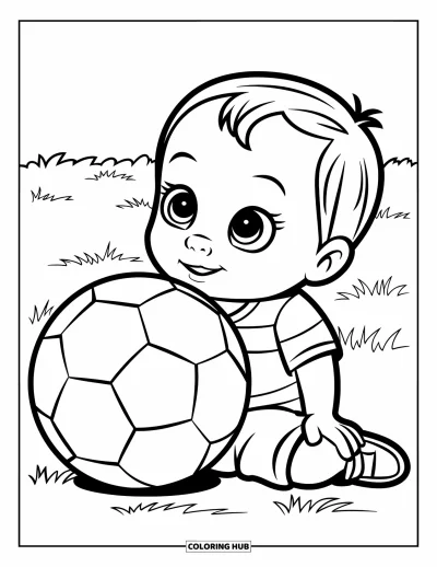 Coloriage de foot pour enfants : Un tout-petit curieux est assis à côté d’un grand ballon de foot sur un terrain herbeux