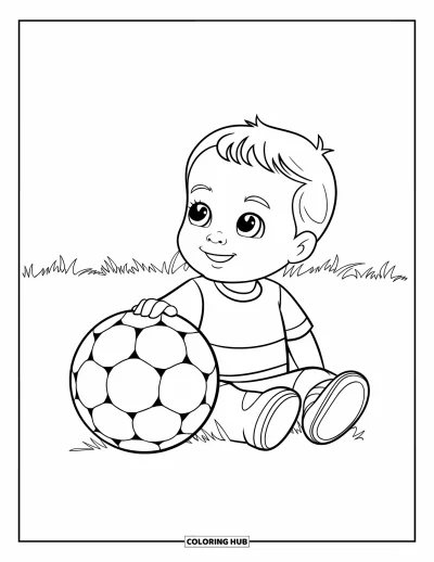 Coloriage de foot pour enfants : Un tout-petit curieux est assis près d’un ballon de foot sur un terrain lumineux et dégagé