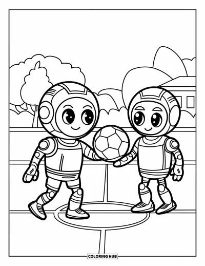 Coloriage de foot pour enfants : Un adorable robot en crampons fait une passe à un coéquipier près d’arbres et d’un bâtiment