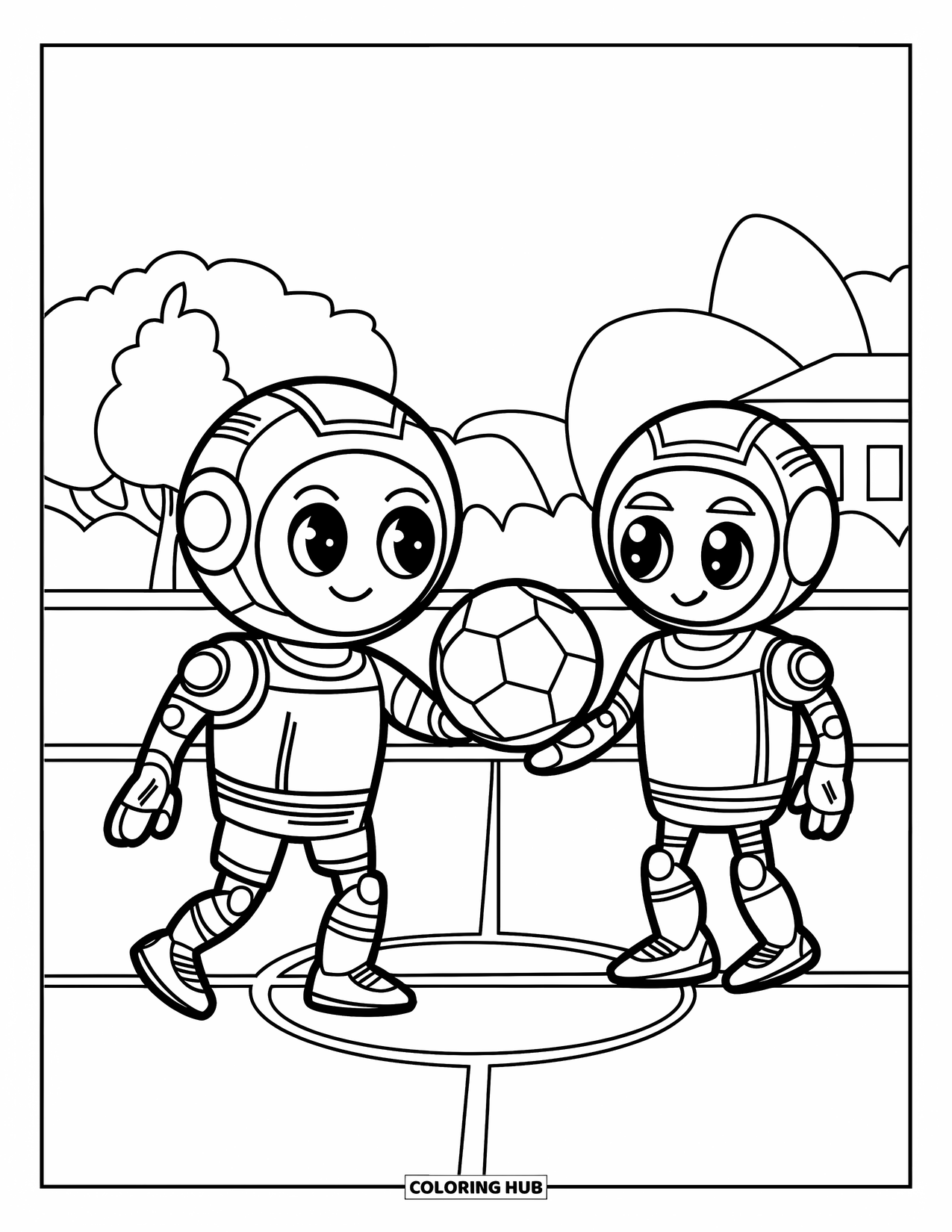 Desen de colorat cu fotbal pentru copii: Un robot drăguț în ghete pasează mingea unui coechipier lângă copaci și o clădire