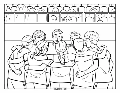 Coloriage de foot pour enfants : Un groupe d’amis de tous horizons se rassemble sur le terrain, avec une foule en liesse dans le stade