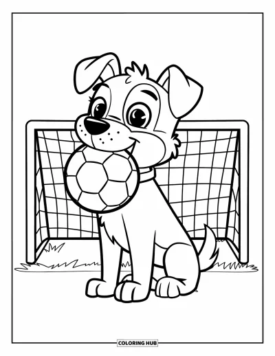 Coloriage de foot pour enfants : Un chien avec un grand sourire tient un ballon de foot près du filet