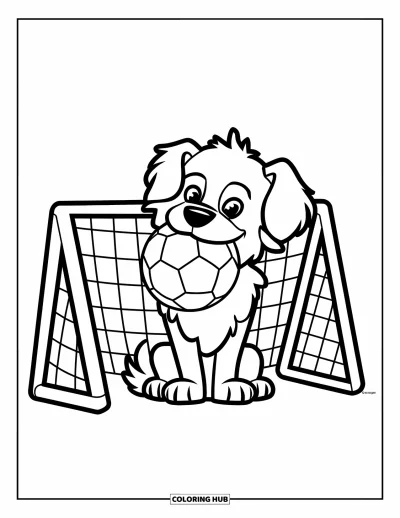 Coloriage de foot pour enfants : Un chien tout doux tient un ballon de foot en étant assis près d’un poteau de but en bois