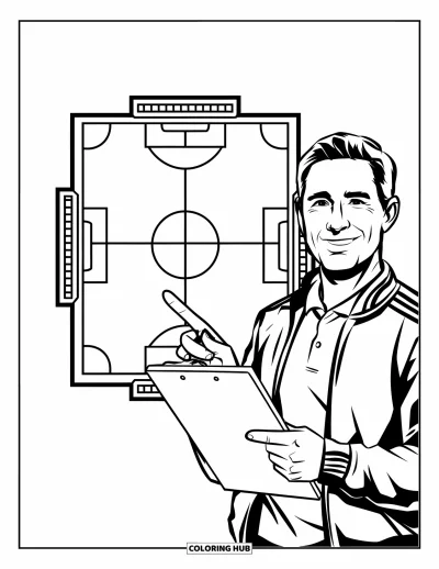 Coloriage de foot pour enfants : Un entraîneur sympathique explique le tracé d’un terrain de foot sur un fond épuré