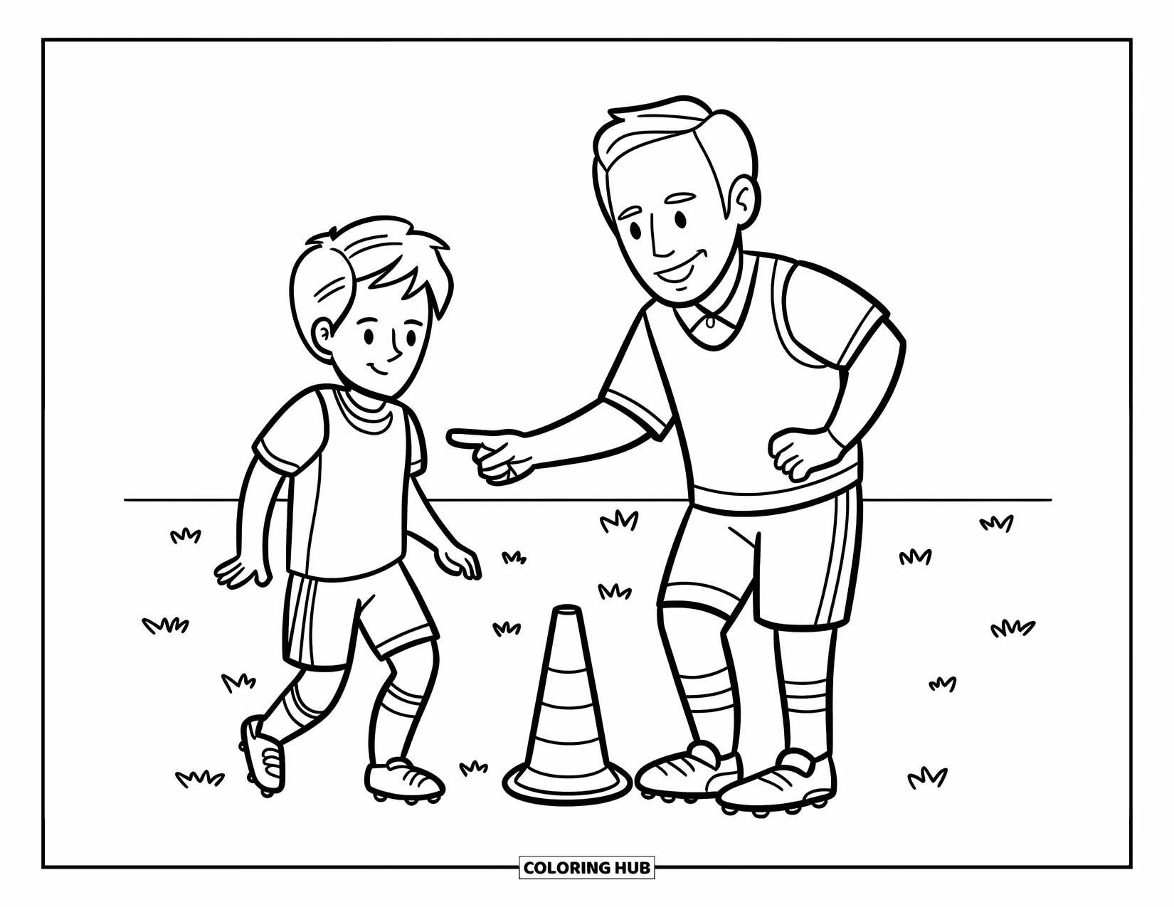 Desen de colorat cu fotbal pentru copii: Un antrenor prietenos arată spre un exercițiu cu conuri în timpul unei sesiuni de antrenament pe teren